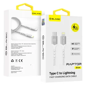 Kabelis Blavec Cable Raptor pluoštinis - Type-C į Lightning - PD 20W 2,4A 0,25 m Apple CarPlay (CRA-CL24WS025) baltas-sidabrinis