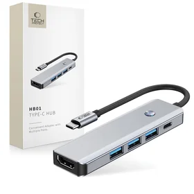 Tech-Protect HB01 HUB adapteris 5in1 USB-C + USB3.0 + HDMI 4K 60Hz + PD100W - pilkas