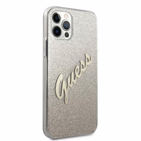 Guess GUHCP12LPCUGLSGO iPhone 12 Pro Max 6.7" auksinis kietasis dėklas Glitter Gradient Script