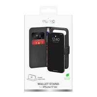 Puro dėklas telefonui su stovu iPhone 17 Air pagamintas iš ekologiškos odos, su atvartu, pinigine ir stovo funkcija - juodas