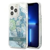 Guess GUHCP13XLFLSN iPhone 13 Pro Max 6.7" žalias/žalias kietasis dėklas su gėlių skysčio blizgučiais