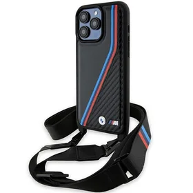 BMW M Edition anglies trispalvės linijos ir dirželis dėklas telefonui iPhone 15 Pro Max - juodas