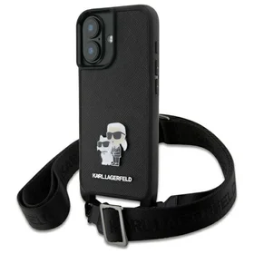 Karl Lagerfeld Saffiano Karl&Choupette Metal Pin CBDY dirželis iPhone 16 dėklas – juodas