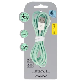 Blavec Kabelis Candy pynėtas - USB į Type C - PD 60W 3A 3 metrai Apple CarPlay/Android Auto (CCA-UC3GN30) žalias