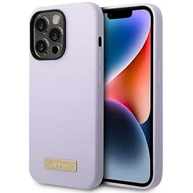 Guess GUHMP14LSBPLU iPhone 14 Pro 6.1" violetinis kietasis dėklas silikon logotipo plokštė MagSafe