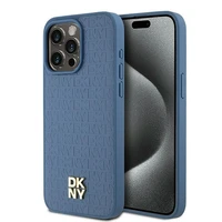 DKNY Odinis monogramos rašto metalinis logotipas Magnetinis dėklas telefonui iPhone 15 Pro Max - mėlynas