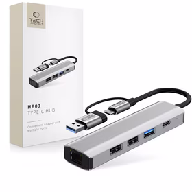 "Tech-Protect" HB03 HUB adapteris 5in1 USB-C + USB2.0 + USB3.0 + RJ45 - pilkas