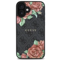 Guess GUHMP16SP4ROPEMCK iPhone 16 6.1" juodas/juodas kietas dėklas 4G Gėlių Raštas Magnetinis