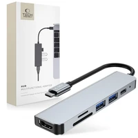HUB Tech-Protect V4 6in1 USB-C - USB-A 3.0 / USB-A 2.0 / USB-C / HDMI / micro SD / TF / SD kortelių skaitytuvas - pilkas