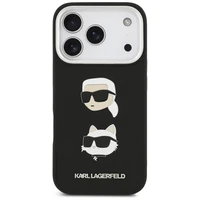 Karl Lagerfeld FW Grūdintas Karl & Choupette galvos ženkliukai ir logotipas iPhone 17 Pro dėklas - juodas