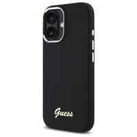 "Guess" silikoninis "iPhone 16 Plus" korpusas su metaliniu logotipu ir rėmeliu - juodas