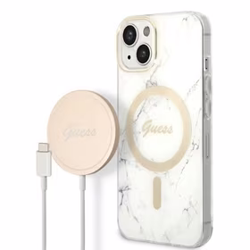 Rinkinys Guess GUBPP14MHMEACSH dėklas + įkroviklis iPhone 14 Plus 6.7" baltas/baltas kietas dėklas Marble Magnetinis