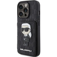 Karl Lagerfeld Saffiano Cardslots and Stand Monogram Ikonik Patch Dėklas telefonui iPhone 15 Pro Max - juodas