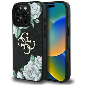 Guess Grained Roses Big 4G logo dėklas telefonui iPhone 16 Pro - juodas