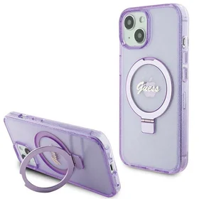 Guess dėklas telefonui su stovu Ring Stand Script Glitter magnetinis iPhone 15 Plus / 14 Plus - violetinis