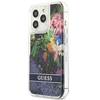 Guess gėlių skystas blizgučiai dėklas iPhone 13 Pro Max - mėlynas