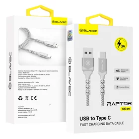 Blavec kabelis Raptor pintas - USB į Type C - 3A 1 metras Apple CarPlay/Android Auto (CRA-UC3WS10) baltas-sidabrinis