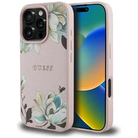 Guess Grained Printed Flower Pattern MagSafe dėklas telefonui iPhone 16 Pro rožinis