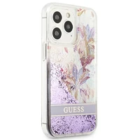 Guess GUHCP13LLFLSU iPhone 13 Pro / 13 6.1" violetinis kietas dėklas gėlių skystas blizgučiai