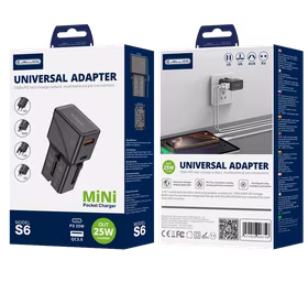 JELLICO universalus kelioninis adapteris S6 PD 25W 1xUSB-C + 1xUSB QC3.0 juodas