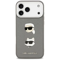 Karl Lagerfeld FW Grūdėtas Karl & Choupette Heads Pins & Logo dėklas telefonui iPhone 17 Pro Max - pilkas