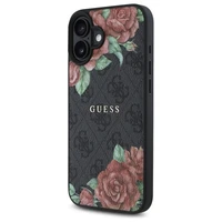 Guess GUHMP16SP4ROPEMCK iPhone 16 6.1" juodas/juodas kietas dėklas 4G Gėlių Raštas Magnetinis