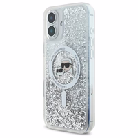 Karl Lagerfeld Liquid Glitter Karl & Choupette Head Magnetinis iPhone 16 Plus dėklas - skaidrus