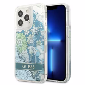 Guess GUHCP13LLFLSN iPhone 13 Pro / 13 6.1" žalias/žalias kietas dėklas gėlių skystas blizgučiai