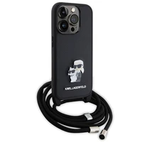 Karl Lagerfeld kryžminis Saffiano metalinis ženkliukas Karl & Choupette dėklas telefonui iPhone 15 Pro - juodas