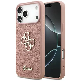Guess Fiksuotas Blizgus Didelis 4G dėklas telefonui iPhone 17 Pro Max - rožinė