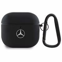Mercedes MEA4CSLBK AirPods 4 odinis dėklas su metaliniu logotipu, juodas