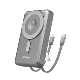Dudao K29 10000mAh PD 20W Magnetinė išorinė baterija su metaliniu dėklu, stovu ir įmontuotais USB-C/Lightning kabeliais - pilka