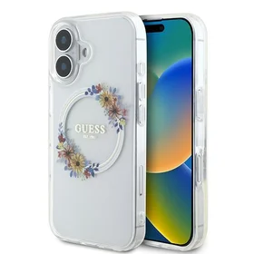 Guess IML Gėlių vainikas Magnetinis dėklas telefonui iPhone 16 Plus - skaidrus