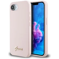Guess Silicone Script Metal Logo MagSafe dėklas telefonui iPhone 16e - rožinė