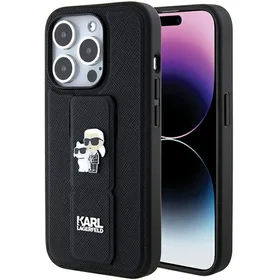 Karl Lagerfeld dėklas telefonui su stovu Gripstand Saffiano Karl&Choupette Pins iPhone 15 Pro - juodas