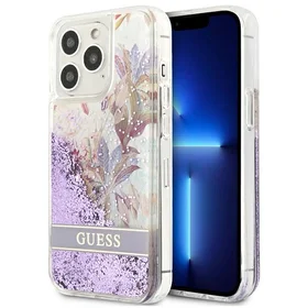 Guess GUHCP13LLFLSU iPhone 13 Pro / 13 6.1" violetinis kietas dėklas gėlių skystas blizgučiai