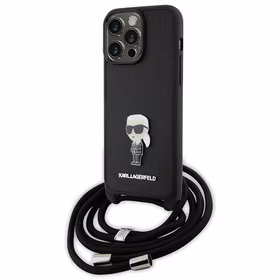 Karl Lagerfeld kryžminis Saffiano monograma metalinis ženkliukas Karl & Choupette dėklas telefonui iPhone 15 Pro Max - juodas