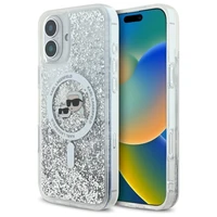 Karl Lagerfeld Liquid Glitter Karl & Choupette Head Magnetinis iPhone 16 Plus dėklas - skaidrus