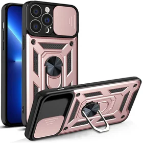 Hybrid Armor Camshield dėklas telefonui iPhone 13 Pro Max šarvuotas dėklas su kameros dangteliu rožinis