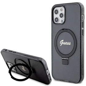 Guess Ring Stand Script Glitter Magnetinis dėklas telefonui iPhone 12/12 Pro - juodas