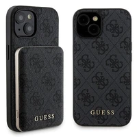 Guess 4G Metal Logo dėklas telefonui rinkinys iPhone 15 + 5000mAh Magnetinė išorinė baterija - juoda