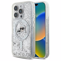 Karl Lagerfeld skystų blizgučių Karl & Choupette Head magnetinis dėklas telefonui iPhone 16 Pro - skaidrus