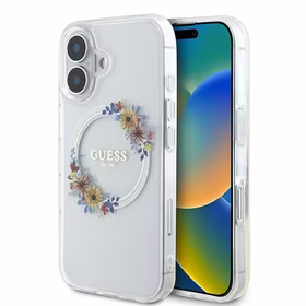 Guess IML Gėlių vainikas Magnetinis dėklas telefonui iPhone 16 Plus - skaidrus