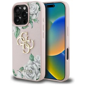 Guess Grained Roses Big 4G logo dėklas telefonui iPhone 16 Pro - rožinis