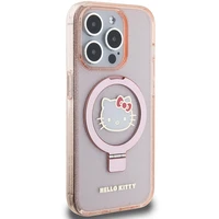 Hello Kitty žiedinis stovas blizgus Electrop Logo magnetinis dėklas telefonui iPhone 15 Pro - rožinis