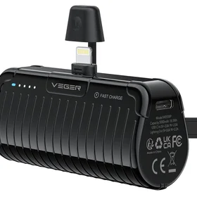VEGER išorinė baterija 5000 mAh su įmontuotu jungtimi Lightning PlugOn PD QC3.0 3A 20W W0558P juoda