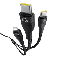 Baseus Flash Series 3 3in1 kabelis 100W USB-C - USB-C+USB-C+Lightning 1.5m + 3 x 0.25m - juodas
