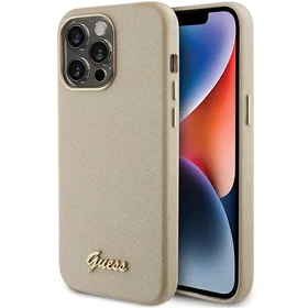 Guess Blizgantis blizgus užrašas dėklas iPhone 15 Pro - auksinis