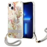 Guess GUHCP13SHFLSU iPhone 13 mini 5.4" violetinis kietasis dėklas su gėlių dirželiu