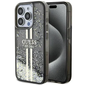 Guess Liquid Glitter Gold Stripes dėklas telefonui iPhone 15 Pro - juodas